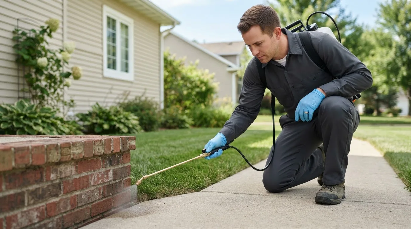 Pest control technician treating a home near New Lisbon, IN