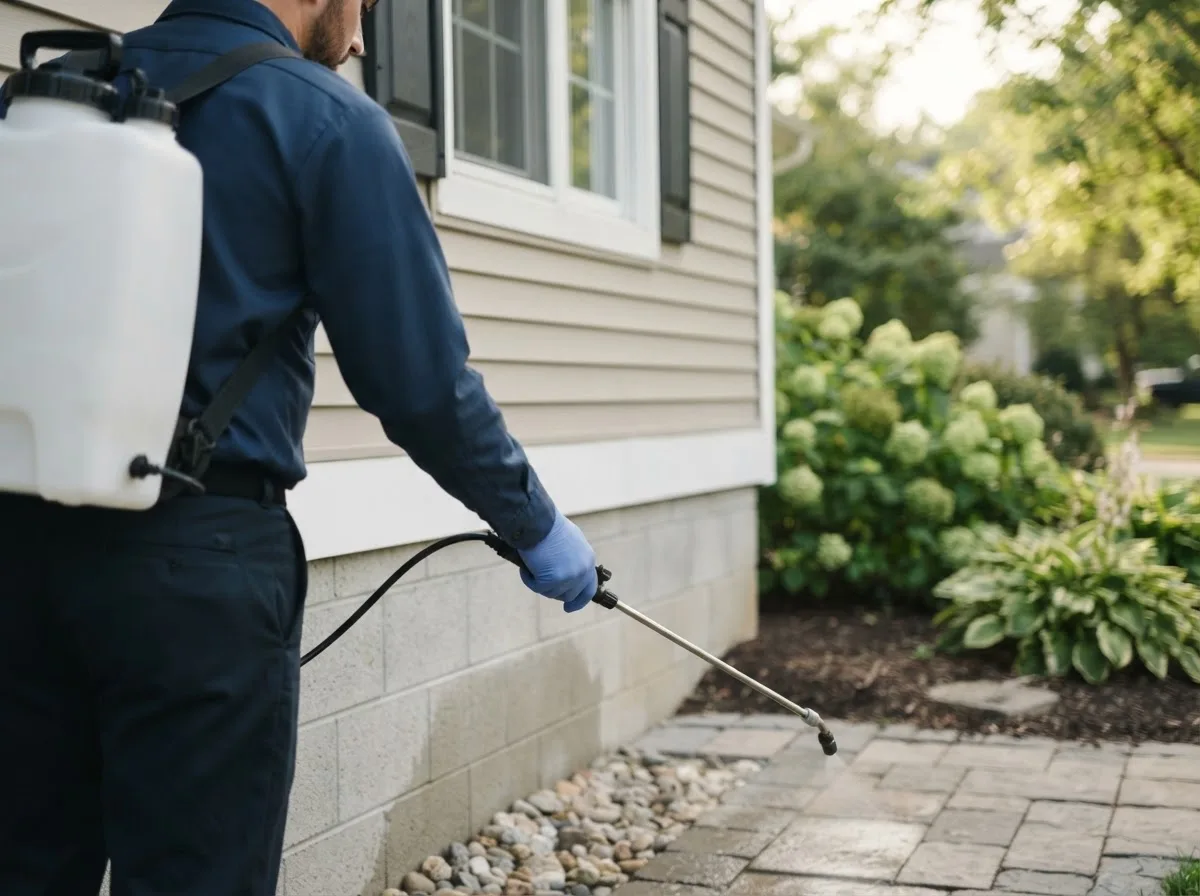Pest control technician inspecting a home in New Lisbon, IN